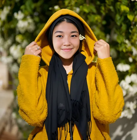 smiling woman in yellow jacket and black scarf holding a yellow piece of , girl wearing hoodie, black haired girl wearing hoodie, wearing a yellow hoodie, wearing a hoodie and flowers, wearing a hood, wearing hood, portrait shot, with yellow cloths, wearin...