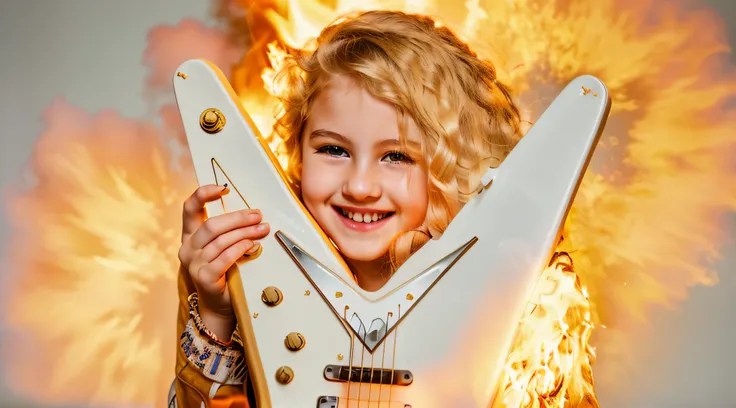 blonde girl holding a guitar with a smile on her face, holding an electric guitar, em chamas queimando no fogo.