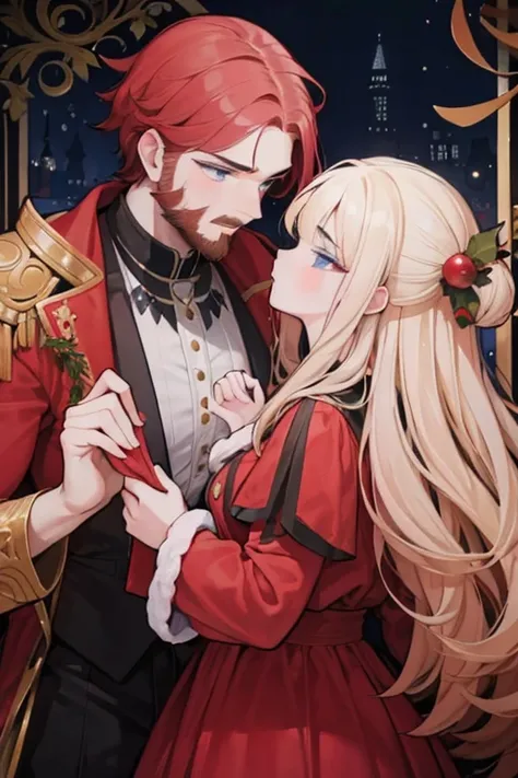 A red haired woman with a dark tan and red eyes is kissing a muscular blonde haired man with blue eyes and long hair and a dark beard at a christmas party in fancy outfits