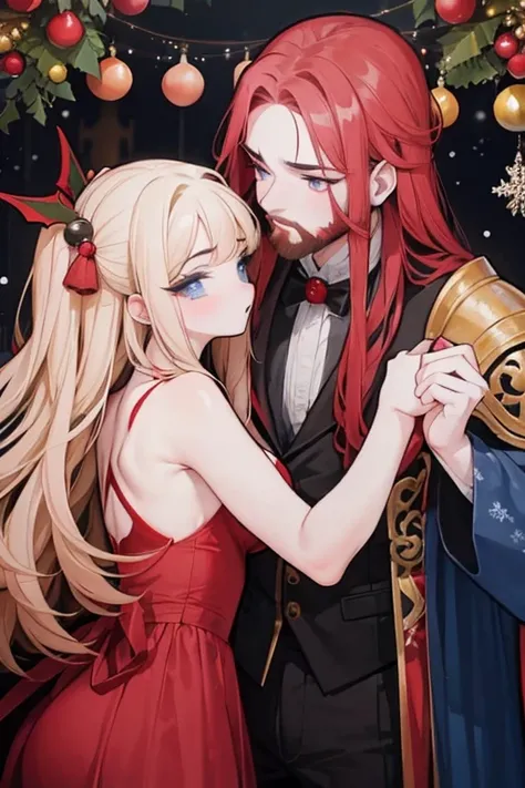 A red haired woman with a dark tan and red eyes is kissing a muscular blonde haired man with blue eyes and long hair and a dark beard at a christmas party in fancy outfits