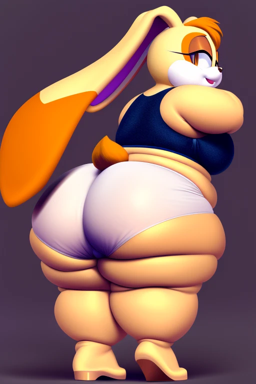 Cream the rabbit, (8-year-old girl), (morbidly obese), (very fat face), (double chin), huge belly, wide hips, huge butt, crop top, white panties, back view, bending over, presenting hindquarters, looking at viewer