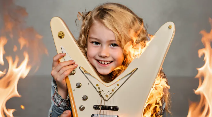 blonde girl holding a guitar with a smile on her face, holding an electric guitar, em chamas queimando no fogo.