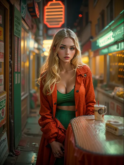 analogue fashion photo shot of young blonde woman with long hair, (((big boobs))) in a 1950s mexican taco stand in a lonely dark street, ((neon lights green and yellow lights)), (((((high fashion red clothes in the style of Valentino))))), supermodel, sexy...