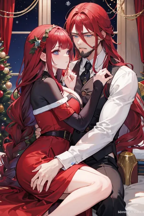 A dark skinned red haired woman with red eyes is kissing a muscular blonde haired man with blue eyes and long hair and a dark beard at a christmas party in fancy outfits