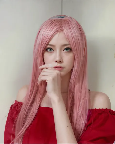 Real life adaption of this character,her name  sakura haruno from anime Naruto,she has a realistic same pink hair with a red headband, realistic same outfit, realistic same apron, beautiful korean  face, she has green eyes color, realistic light, realistic...