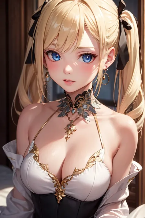 best quality, 1girl, masterpiece, best quality, 8k, detailed skin texture, ((beautiful detailed face)), intricate details, long blond hair, parted bangs twintails, (Half body:1.2), detailed blue eyes, shy, 18 years old, cute necklace, earrings, bare should...