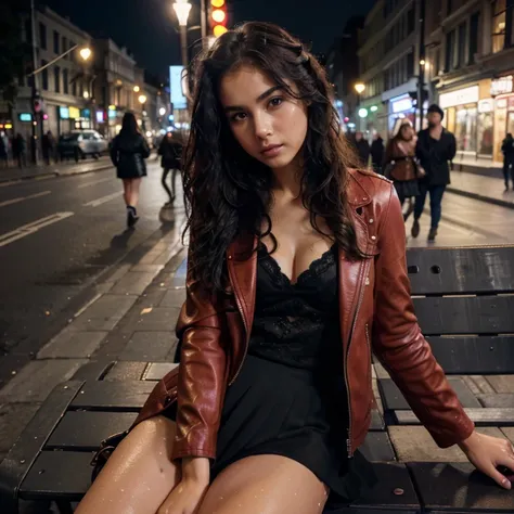 Masterpiece, Colorful, Dynamic Angle, 極端なディテール, fashion photo of a cute girl 15 years old, Dress in bright colors, (high resolution textures),Deep sexy neckline,sitting on a bench in a sexy pose and a red leather jacket, wet panties with a visible bulge of...