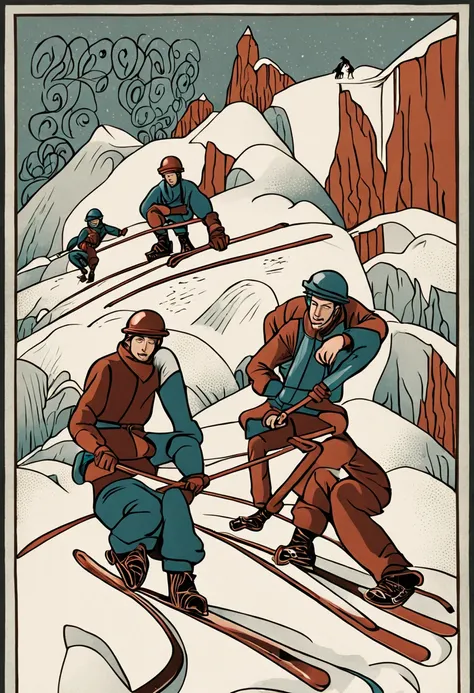 two men in ski gear sitting in a snowy area, in the style of art nouveau-inspired illustrations, comic book style action, musical influences, humanitys struggle, lively group compositions, gray and brown, depiction of rural life --ar 4:3