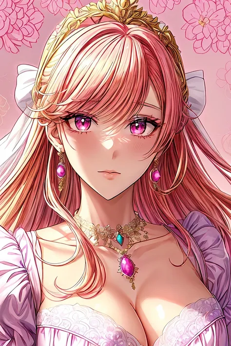 Kuroume_1024, ((shoujo-style, floral background, romance manhwa)), (close up), (1girl:1.2), solo, multicolored hair, inner color, pink hair, blonde hair, solo, long hair, flower, dress, thick eyeblows, flower, straight hair, blaid, closed mouth, collarbone...