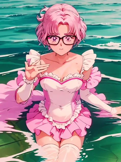 a woman with pink hair and glasses is in the water, cgsociety 9, beautiful alluring anime teen, spilled milk, milk dripping, covered in pink flesh, v, cute girl with short pink hair, anime barbie in white stockings, anime”, character is covered in liquid, ...