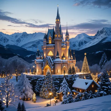 Christmas fantasy. evergreen trees dusted with snow, whimsical winter wonderland, snowy mountains far off in the distance, twilight, warm Christmas time, twinkling lights in the sky. magical castle made of ice surrounded by warm glowing twinkling lights. C...