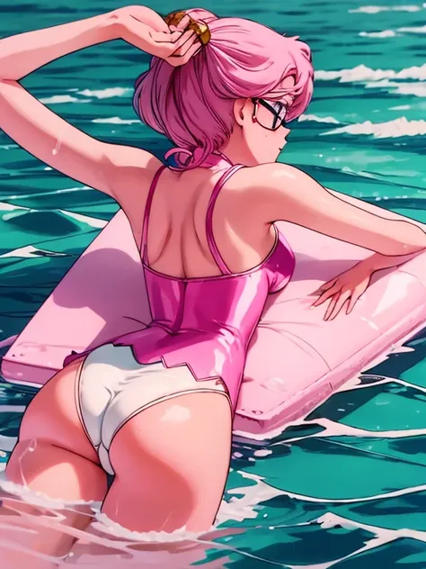 a woman with pink hair and glasses is in the water, cgsociety 9, beautiful alluring anime teen, spilled milk, milk dripping, covered in pink flesh, v, cute girl with short pink hair, anime barbie in white stockings, anime”, character is covered in liquid, ...