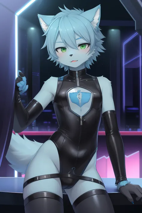 masterpiece, solo, 1boy, Furry, kemono, furry wolf, anthropomorphic, male, green eyes, (blue fur, blue skin), femboy, sexy clothes, sci-fi clothes, strip club, uploaded on e621,