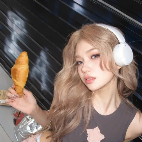 Mulher loira com fones de ouvido segurando um croissant e um baguet, linda Delphine, ava max, Ulzzang, Sakimichan Frank Franzzeta, Sakimichan, Parque Roseanne do Blackpink, Menina anime na vida real, trending at cgstation, Modelo IG | Artgerm, Retrato de K...