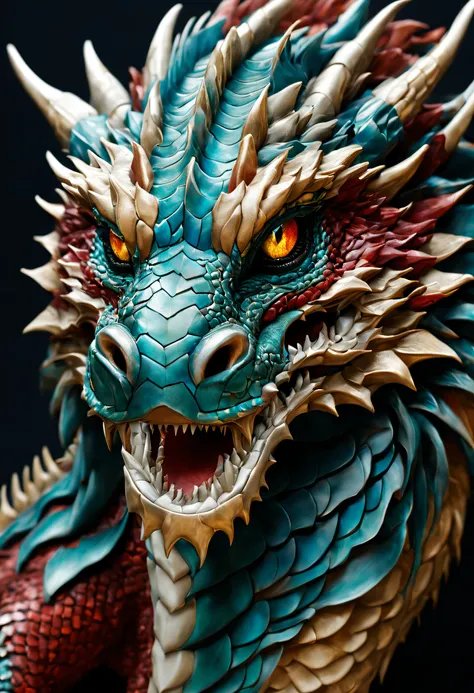 a close-up of the head of a magnificent, very detailed realistic dragon, its scales are like multi-colored glass. Her eyes are gorgeous and textured