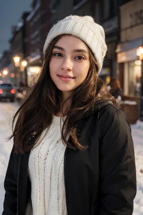 girl with a slightly oblong face, brown eye, long brown hair, medium sized eyes, regular size head, lips are slightly plump and pale pink, White Teeth, small, neat nose with a slight hump, Cares hairstyle, hair is not straight curly, small dimples on the c...