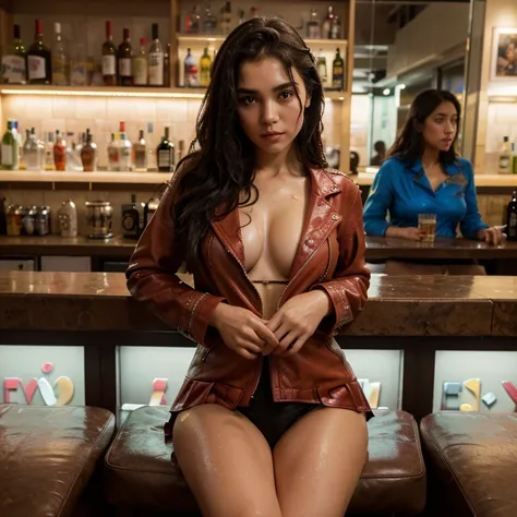 Masterpiece, Colorful, Dynamic Angle, 極端なディテール, fashion photo of a cute girl 15 years old, Dress in bright colors, (high resolution textures),Deep sexy neckline,sitting on the glass of a bar in a sexy pose and wearing a red leather jacket, wet panties with...