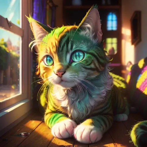 (best quality,highres,ultra-detailed:1.2),cat with green fur,surrealistic scenery,colorful background,fluffy texture,vivid colors,sharp focus,glassy eyes,whiskers,curious expression,playful pose,illuminated by soft sunlight