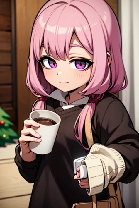 A pink haired girl with violet eyes is drinking a hot chocolate at a christmas party