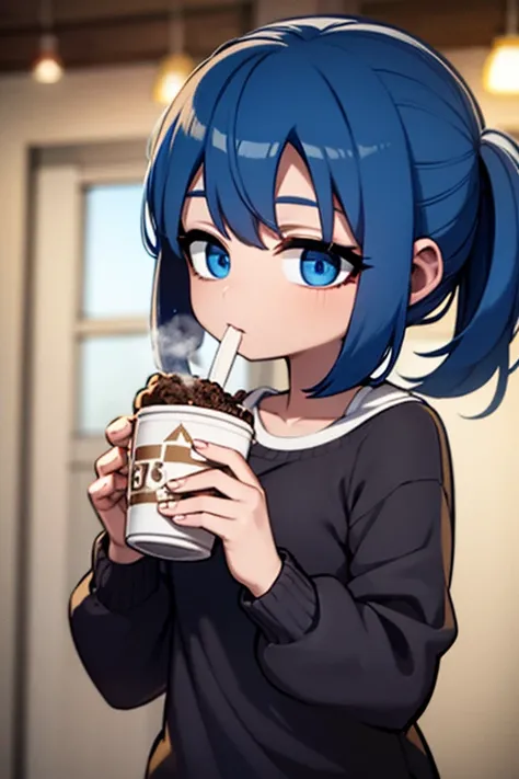 A blue haired girl with blue eyes is drinking a hot chocolate at a christmas party