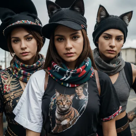 Painting of a cat in a hat and scarf, artstation da moda, Traje Punk, circunstanciado, Ultra-realistic rendering, British gang members, estilo de rua, pose intimidadora, planeta dos gatos, Roupas da moda,  Samurai, miau, West Slavic features, 8 1 5