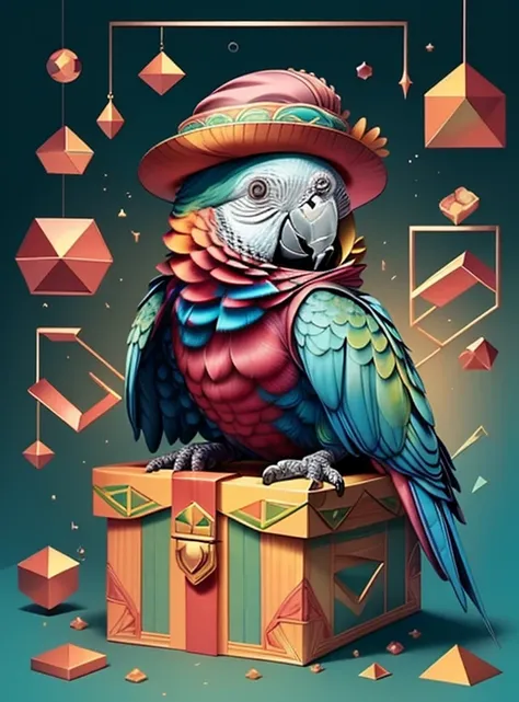 (cute baby parrot smiling with a hat in a beautiful box), Munchkin  ,Geometric multidimensional wall portrait, livro de arte, Tchibi,
Yang08k, Beautiful, Colouring,
Obras, of the highest quality, best quality, Arte Oficial, Beautiful and Aesthetic,