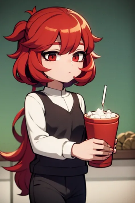 A red haired girl with red eyes is drinking a hot chocolate at a christmas party