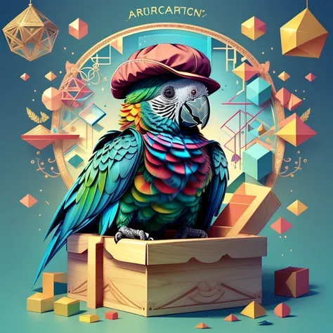 (cute baby parrot smiling with a hat in a beautiful box), Munchkin  ,Geometric multidimensional wall portrait, livro de arte, Tchibi,
Yang08k, Beautiful, Colouring,
Obras, of the highest quality, best quality, Arte Oficial, Beautiful and Aesthetic,