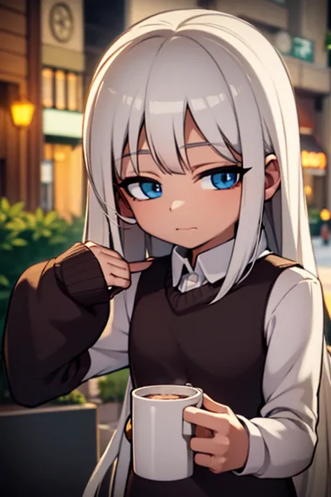 A white  haired girl with blue eyes is drinking a hot chocolate at a christmas party