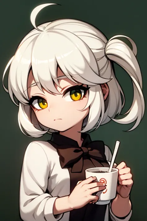 A white haired girl with green eyes and white wolf ears is drinking a hot chocolate at a christmas party