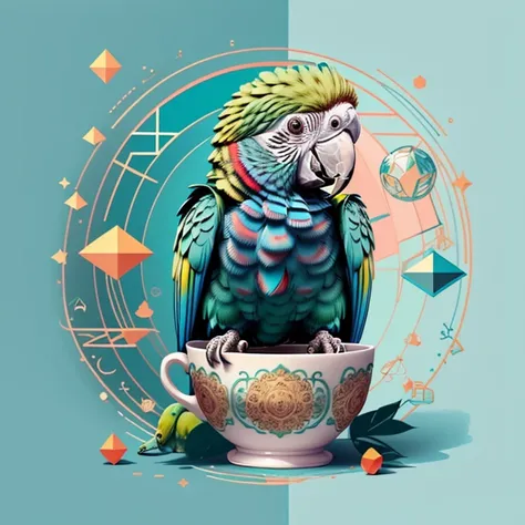 (cute baby parrot smiling in a beautiful cup), Munchkin  ,Geometric multidimensional wall portrait, livro de arte, Tchibi,
Yang08k, Beautiful, Colouring,
Obras, of the highest quality, best quality, Arte Oficial, Beautiful and Aesthetic,