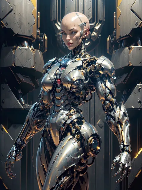 (beautiful borg queen:1.25), (1 girl), (metallic muscle armor:1.5), (no hair), (bald head covered in cables:1.5), (robotic mecha...