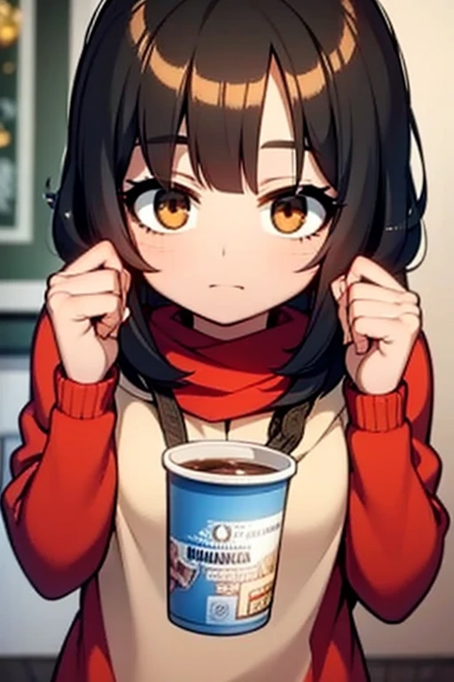 A black haired girl with brown  eyes and is drinking a hot chocolate at a christmas party