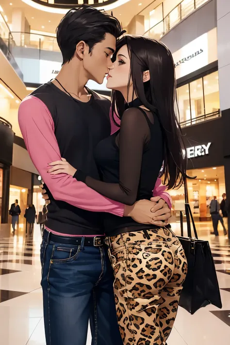 Man wearing pink long sleeved sweater and jeans kissing a sexy woman wearing a black tank top, leopard print shrug and black baggy pants in the mall