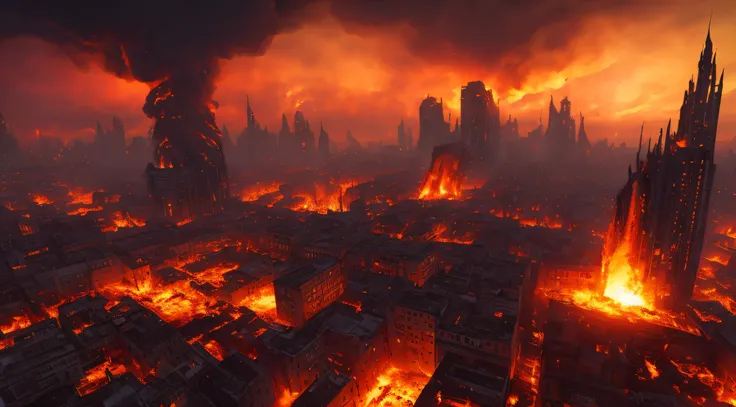 loimu,Burning sky,burning building,Destroyed city, building, 8K HD, Crazy Detail, Convoluted,, Atmospheric 4K hyper detail, Cinematic sensibility, Surreal, Vivid colors, (Very detailed CG), Convoluted, high detailing, Realistic, Symmetrical, Volumetric lig...