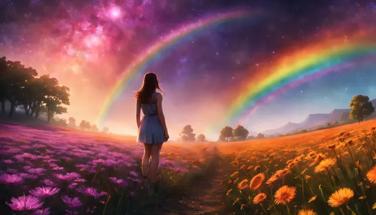 Vasta foto de paisagem, (vista de baixo, The sky  above and the open field  below), a girl standing on a flower field looking up, (lua cheia: 1.2), (meteoro: 0.9), (nebulosa: 1.3), montanhas distantes, Árvores BREAK Crafting Art, (Luz Quente: 1.2), (Vagalu...