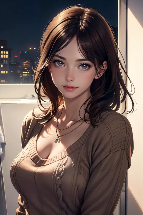 ((night, realistic light, best quality, 8k, masterpiece: 1.3)), 1girl, slim beauty: 1.4, (brown hair, medium breasts: 1.3), long...