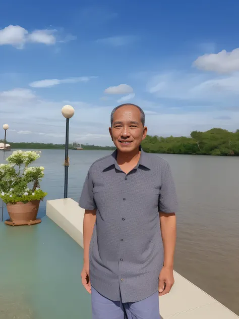 arafed man standing on a dock next to a body of water, nivanh chanthara, he  about 7 0 years old, he  about 60 years old, he  about 6 0 years old, he  about 8 0 years old, thawan duchanee, bao pham, he  about 50 years old