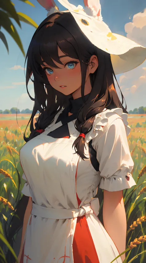 un corto, a busty rabbit dressed only in a red apron stands in a stunning wheat field. su suave, the brown fur contrasts beautif...