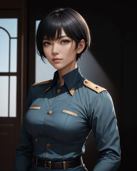 (Highest Resolution, Distinct_image) Best Quality, single person, a one woman, 独奏, Masterpiece, Highly detailed, semi-realistic, black short hair, black hair, Bangs, 18 years, Mature, light blue military uniform, military uniform, indoors background, Gentl...