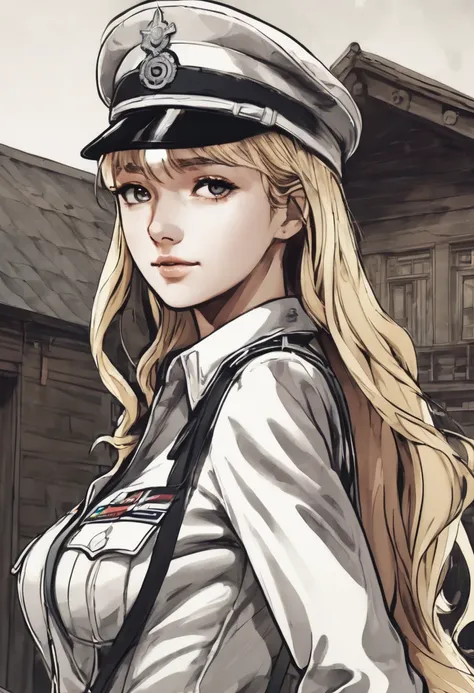 a blonde girl in a wehrmacht uniform, in highly detailed manga illustration style, masterpiece, official art, detailed skin, fine textures, crisp details, colorful, lineart, UHD