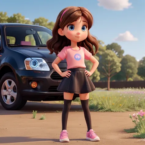 Girl, normal posture. Middle lenght brown hair. Beautiful blue eyes, cute nose with septem piercing. Wearing a sparkling black dress with skintone panty hose, pink sneakers. Standing in front of an little black car, in a peacefull field off flowers.