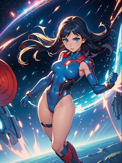 1girl, superhero, leotard, blue and red leotard, bare legs, boots, gloves, medium breasts, beautiful detailed eyes, glowing body, light surrounding her body, light particles, space backdrop, standing pose, floating, cowboy shot, full body shot, superpower,...