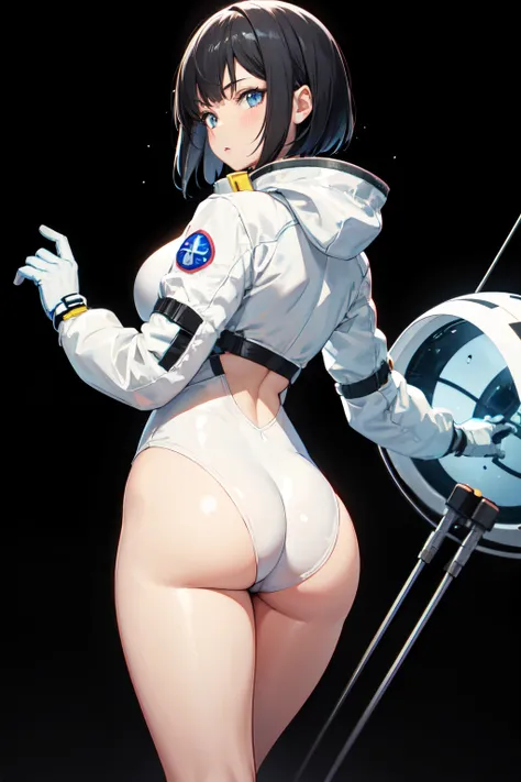 one girls , Young girl , black  hair , short hairstyle , naked butt , White spacesuit , Dark background