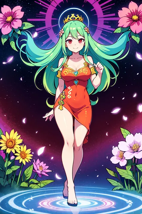 illustration of a goddess in a colorful dress surrounded by flowers, flower goddess, deity of spring, a goddess in a field of flowers, the goddess of summer, goddess of spring, digital illustration radiating, flower queen, dreamy psychedelic anime, she the...