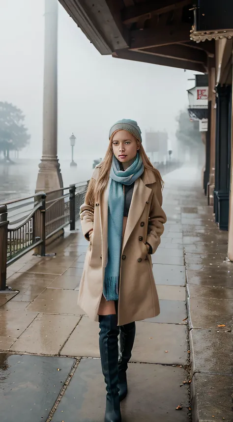 Amidst the misty ambiance of a lakeside or park, a blond girl with blue eyes is draped in a long wool coat, scarf, and knee-high boots, her hands are in her deep pockets to keep her warm, the morning fog adding an ethereal quality to the scene, Photography...