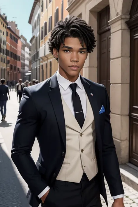 Jeune homme métis, très beau, cheveux et noirs bouclés, 15 ans, ressemblant à Rome Flynn, yeux bleu lagon, cheveux bouclés, style Rome Flynn, cheveux noirs bouclés, des belles boucles, curly hair, très belle, peau noire, très détaillé, fond blanc, jeune, s...