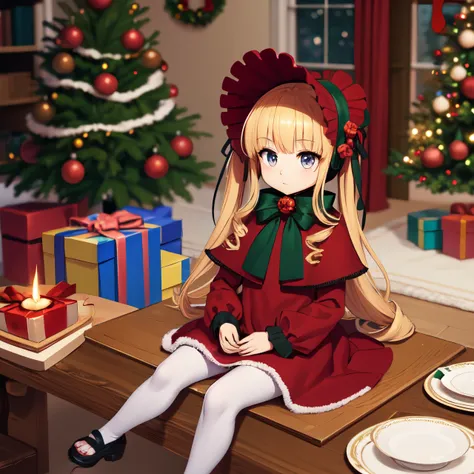 best quality, masterpiece, solo tiny chibi Shinku, original outfit, bonnet, red dress,white pantyhosecup, is sitting on table, tea party, looking to viewer, (cinnamon on table:1.3), (close-up:0.8), christmas tree on background, (christmas atmosphere), intr...