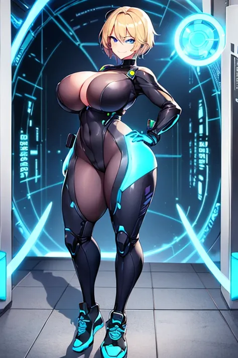 1girl, breasts, wide hips, large breasts, blonde hair, short hair, very short hair, hair, blue eyes, smile, black bodysuit, bodysuit, futuristic, tech, machinery, science-fiction, shoes, sneakers, neon trim, blue neon trim, neon, smirk, smug, full body, st...