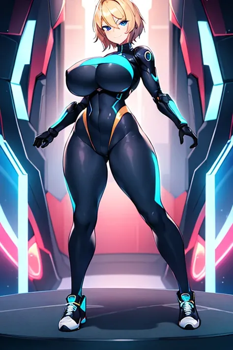 1girl, breasts, wide hips, large breasts, blonde hair, short hair, very short hair, hair, blue eyes, smile, black bodysuit, bodysuit, futuristic, tech, machinery, science-fiction, shoes, sneakers, neon trim, blue neon trim, neon, smirk, smug, full body, st...